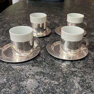 Set of 4 Podava Argenti for Bloomingdale’s Silverplate Ceramic Cups Saucers